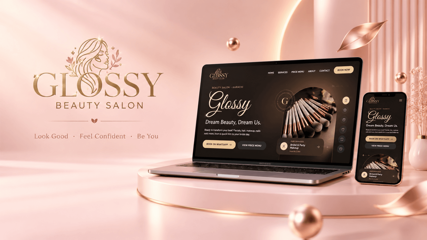 Glossy Beauty Salon website shown on desktop and mobile