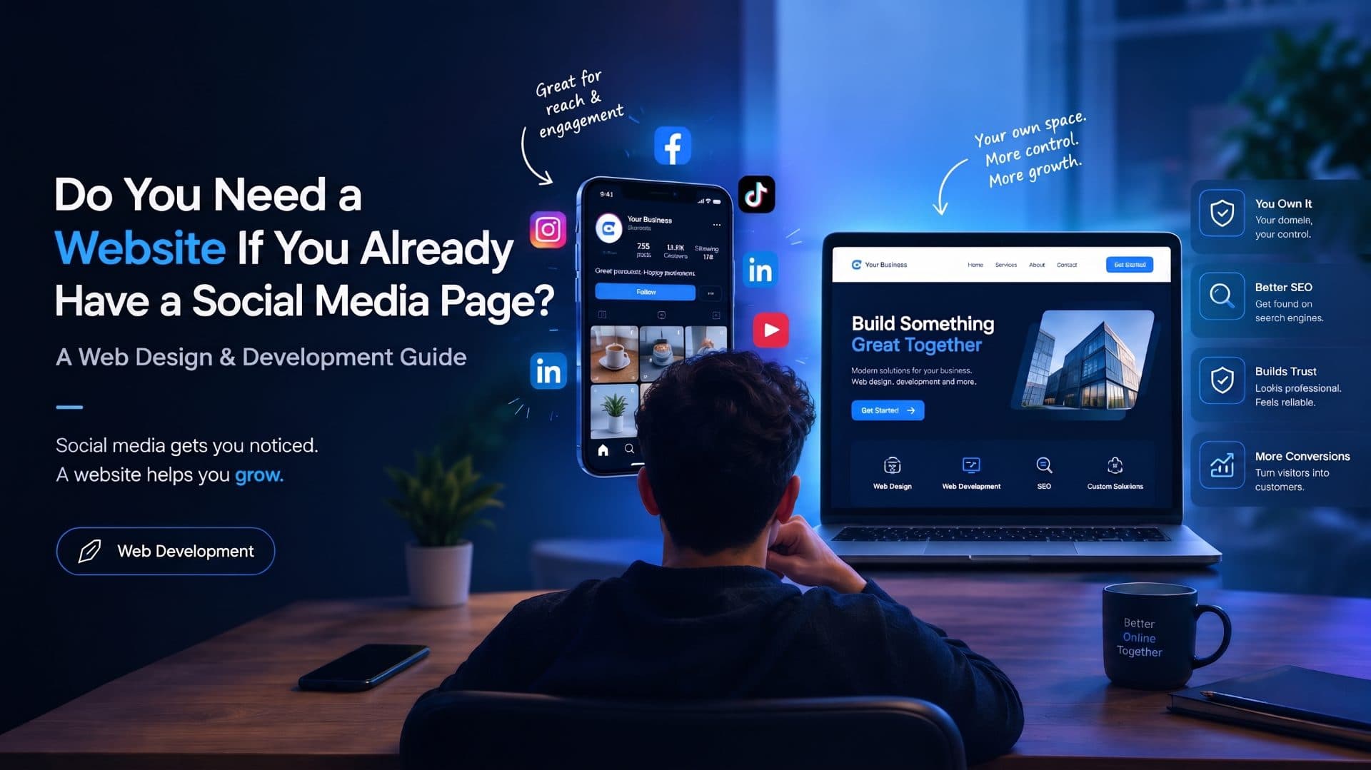 Business owner comparing a social media page with a professionally designed business website