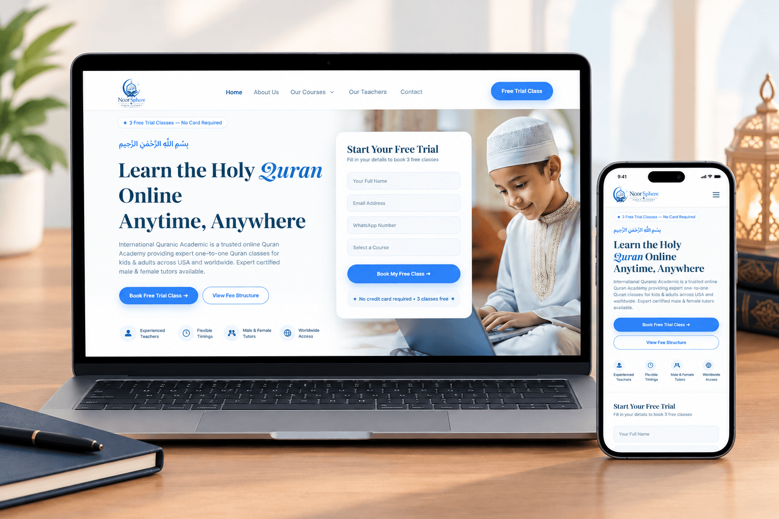 Noor Sphere online Quran academy website shown on desktop and mobile